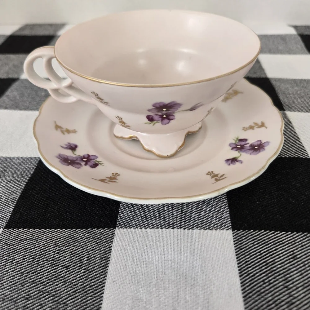 Teacup & Saucer‎ Fancy Violets Gold Trim Unique Open Loop Handle Footed Base